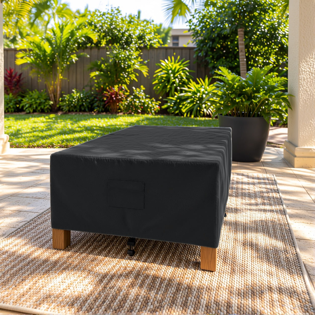 Khomo Gear Rectangle Coffee Table cover in Black - end angle | Fits 37L x 23D x 16H, 40L x 30D x 17H, 48L x 28D x 13H
