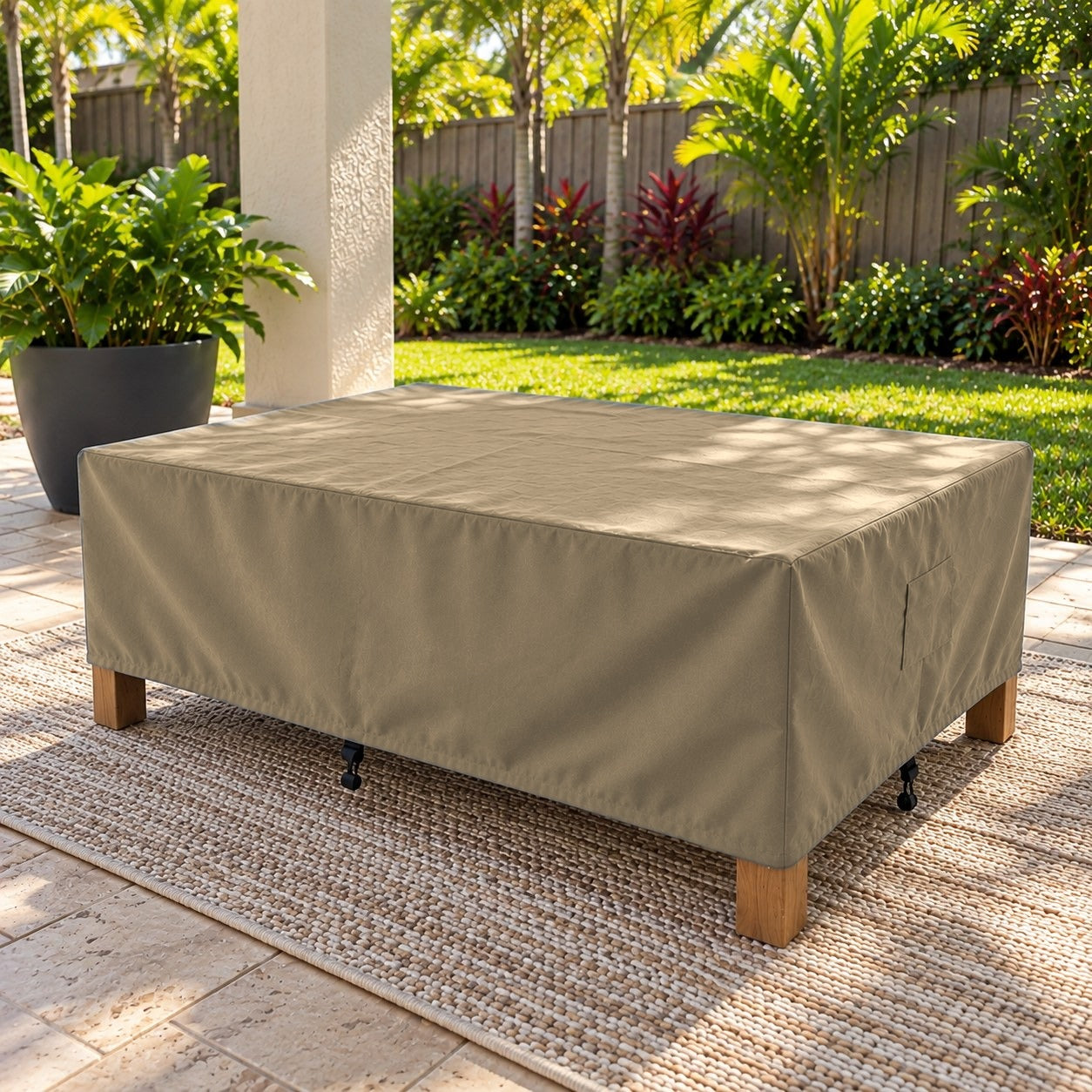 Khomo Gear Rectangle Coffee Table cover in Brown - three quarter closeup | Fits 37L x 23D x 16H, 40L x 30D x 17H, 48L x 28D x 13H