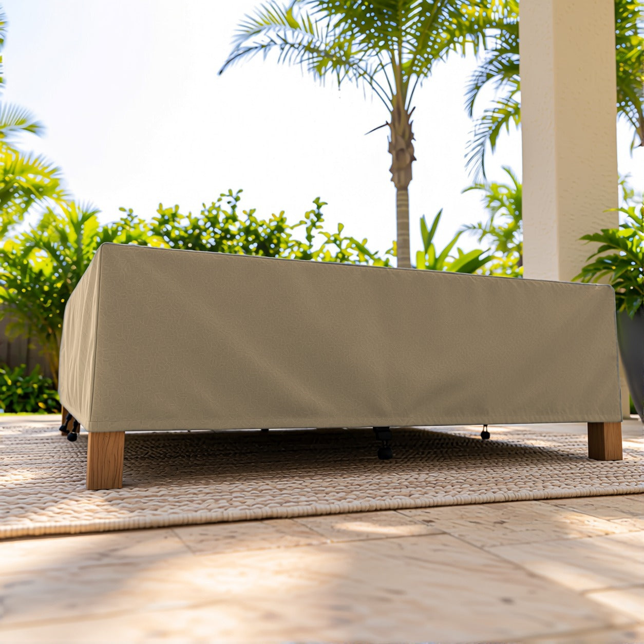 Khomo Gear Rectangle Coffee Table cover in Brown - side low angle | Fits 37L x 23D x 16H, 40L x 30D x 17H, 48L x 28D x 13H
