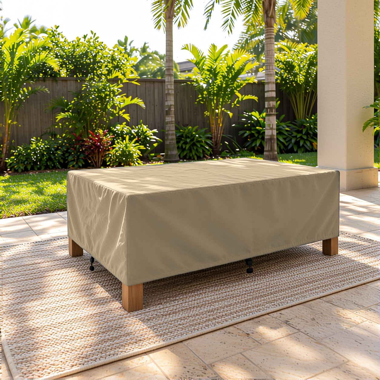 Khomo Gear Rectangle Coffee Table cover in Brown - three quarter patio | Fits 37L x 23D x 16H, 40L x 30D x 17H, 48L x 28D x 13H