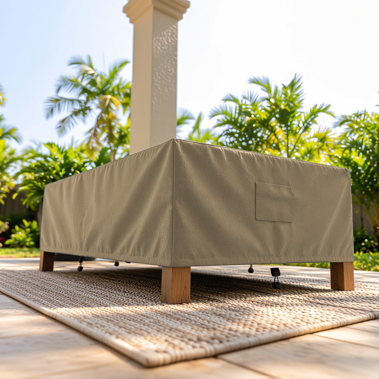Khomo Gear Rectangle Coffee Table cover in Brown - corner low angle | Fits 37L x 23D x 16H, 40L x 30D x 17H, 48L x 28D x 13H