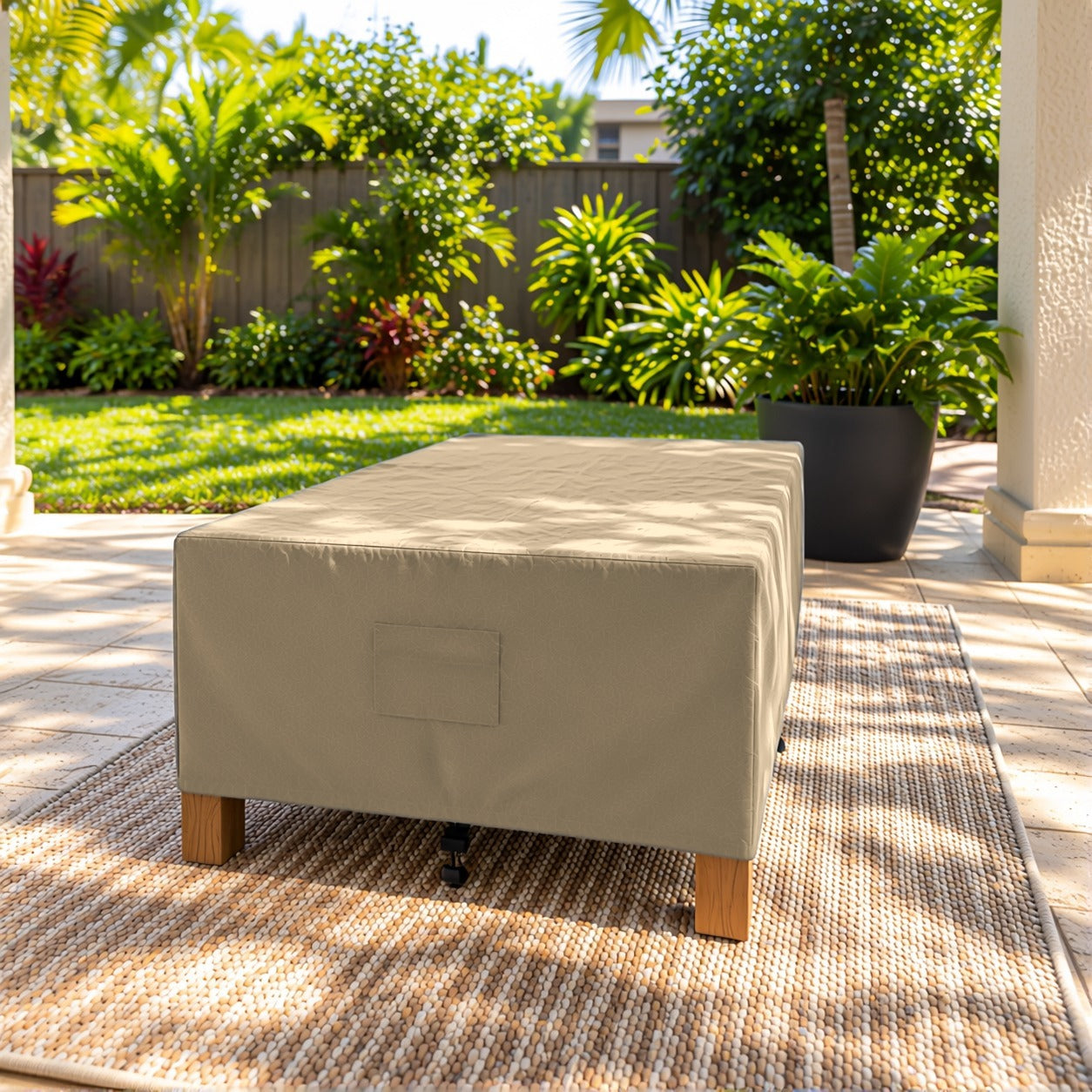 Khomo Gear Rectangle Coffee Table cover in Brown - end angle | Fits 37L x 23D x 16H, 40L x 30D x 17H, 48L x 28D x 13H