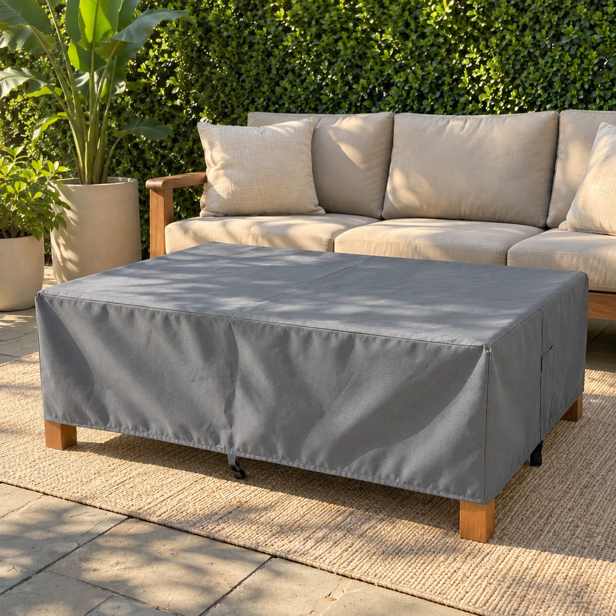 Khomo Gear Rectangle Coffee Table cover in Gray - three quarter sofa | Fits 37L x 23D x 16H, 40L x 30D x 17H, 48L x 28D x 13H