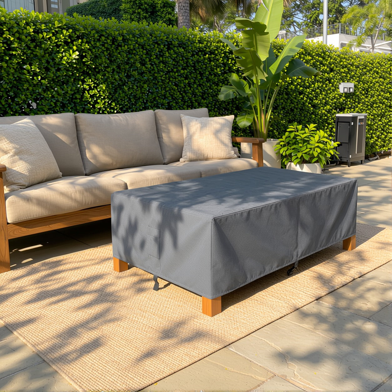 Khomo Gear Rectangle Coffee Table cover in Gray - three quarter right | Fits 37L x 23D x 16H, 40L x 30D x 17H, 48L x 28D x 13H