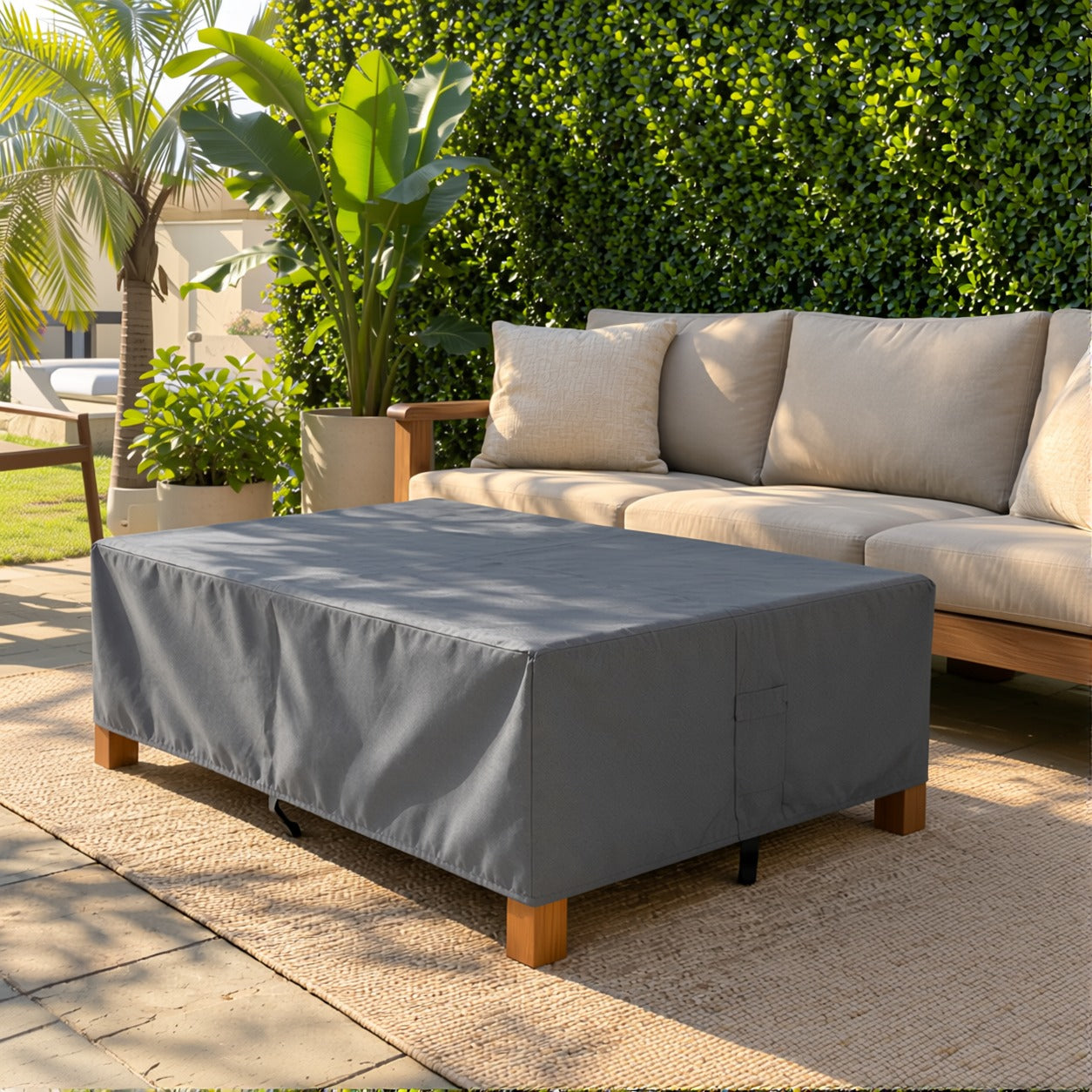 Khomo Gear Rectangle Coffee Table cover in Gray - three quarter left | Fits 37L x 23D x 16H, 40L x 30D x 17H, 48L x 28D x 13H