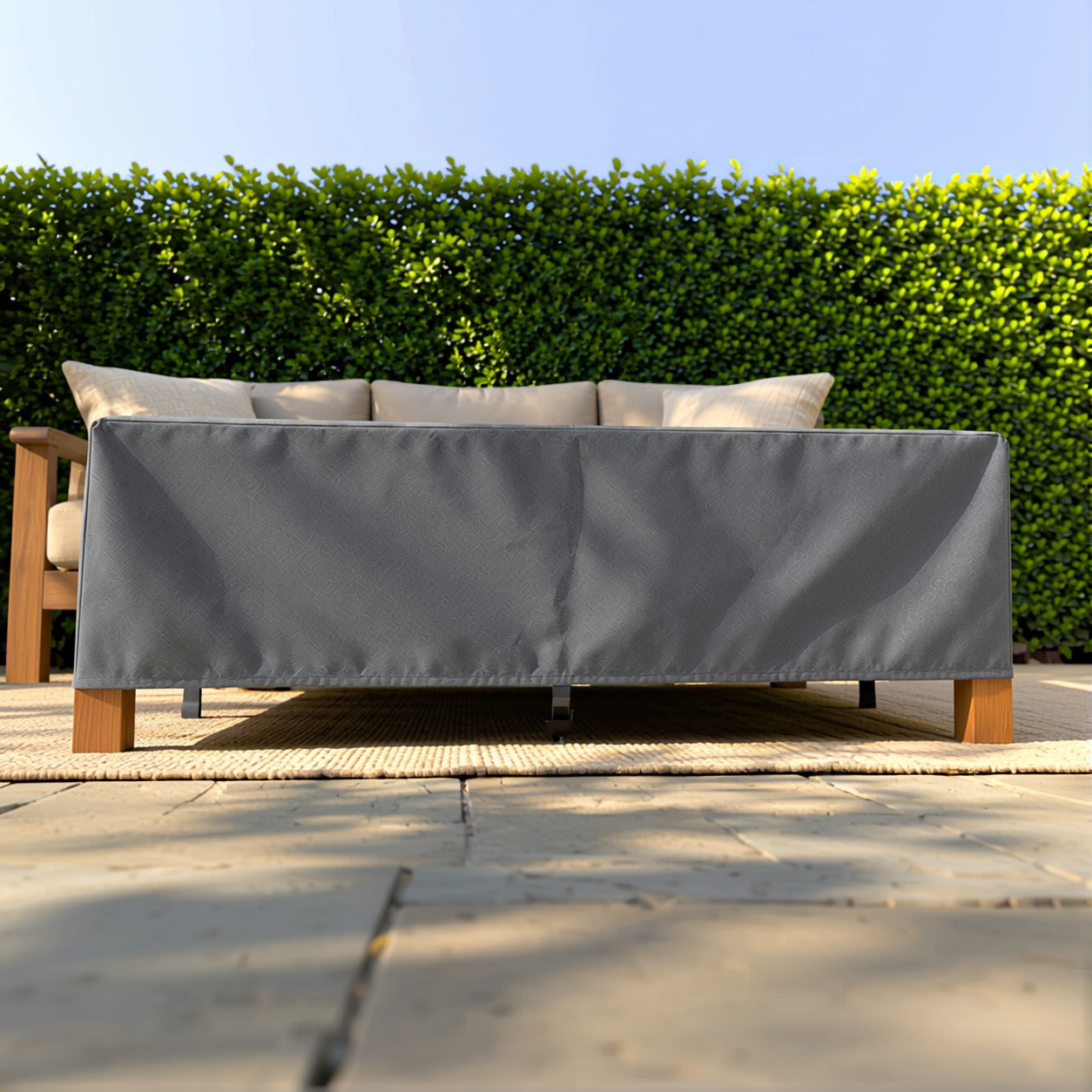 Khomo Gear Rectangle Coffee Table cover in Gray - front ground level | Fits 37L x 23D x 16H, 40L x 30D x 17H, 48L x 28D x 13H