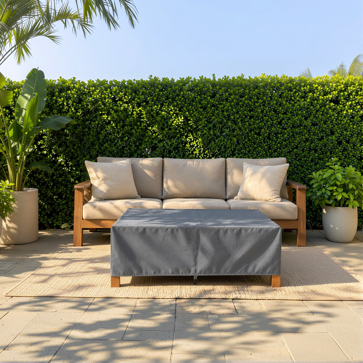 Khomo Gear Rectangle Coffee Table cover in Gray - front garden | Fits 37L x 23D x 16H, 40L x 30D x 17H, 48L x 28D x 13H