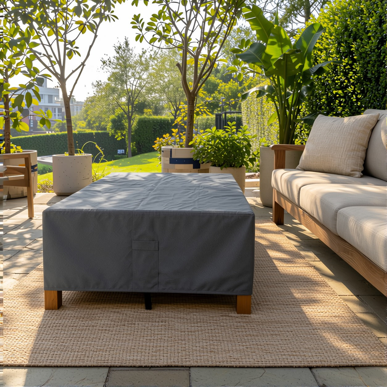 Khomo Gear Rectangle Coffee Table cover in Gray - side view sofa | Fits 37L x 23D x 16H, 40L x 30D x 17H, 48L x 28D x 13H