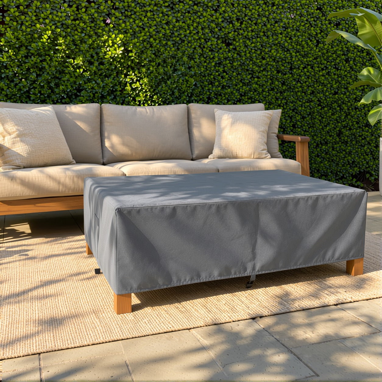 Khomo Gear Rectangle Coffee Table cover in Gray - angle sofa | Fits 37L x 23D x 16H, 40L x 30D x 17H, 48L x 28D x 13H