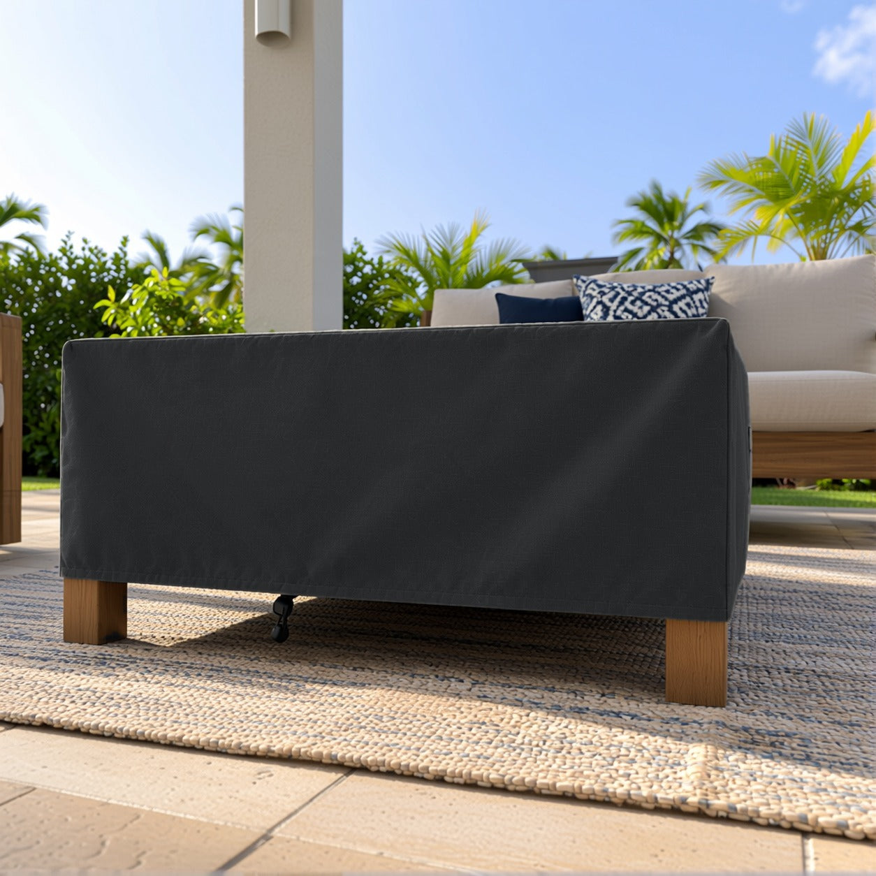 Khomo Gear Square Coffee Table cover in Black - side low angle | Fits 28L x 28D x 16H, 28L x 22D x 17H