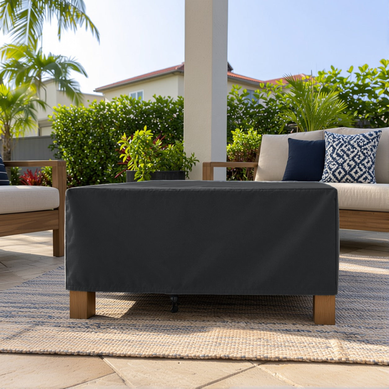 Khomo Gear Square Coffee Table cover in Black - front low angle | Fits 28L x 28D x 16H, 28L x 22D x 17H