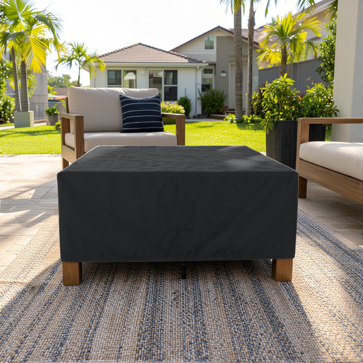 Khomo Gear Square Coffee Table cover in Black - front patio | Fits 28L x 28D x 16H, 28L x 22D x 17H