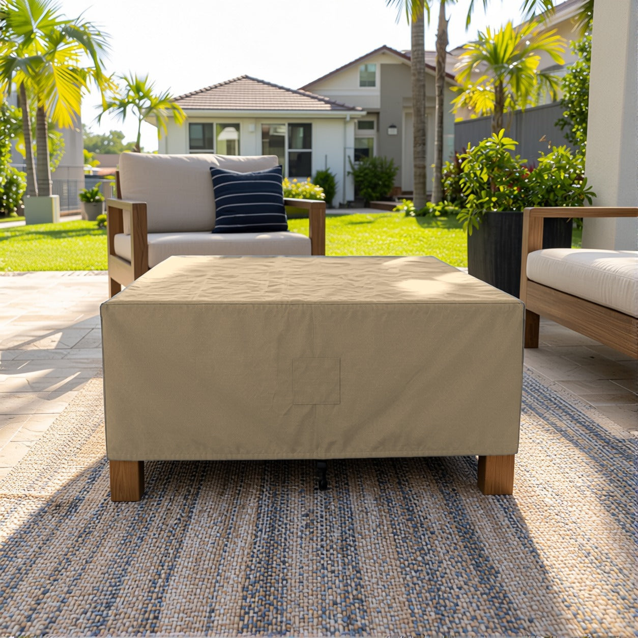 Khomo Gear Square Coffee Table cover in Brown - front patio | Fits 28L x 28D x 16H, 28L x 22D x 17H