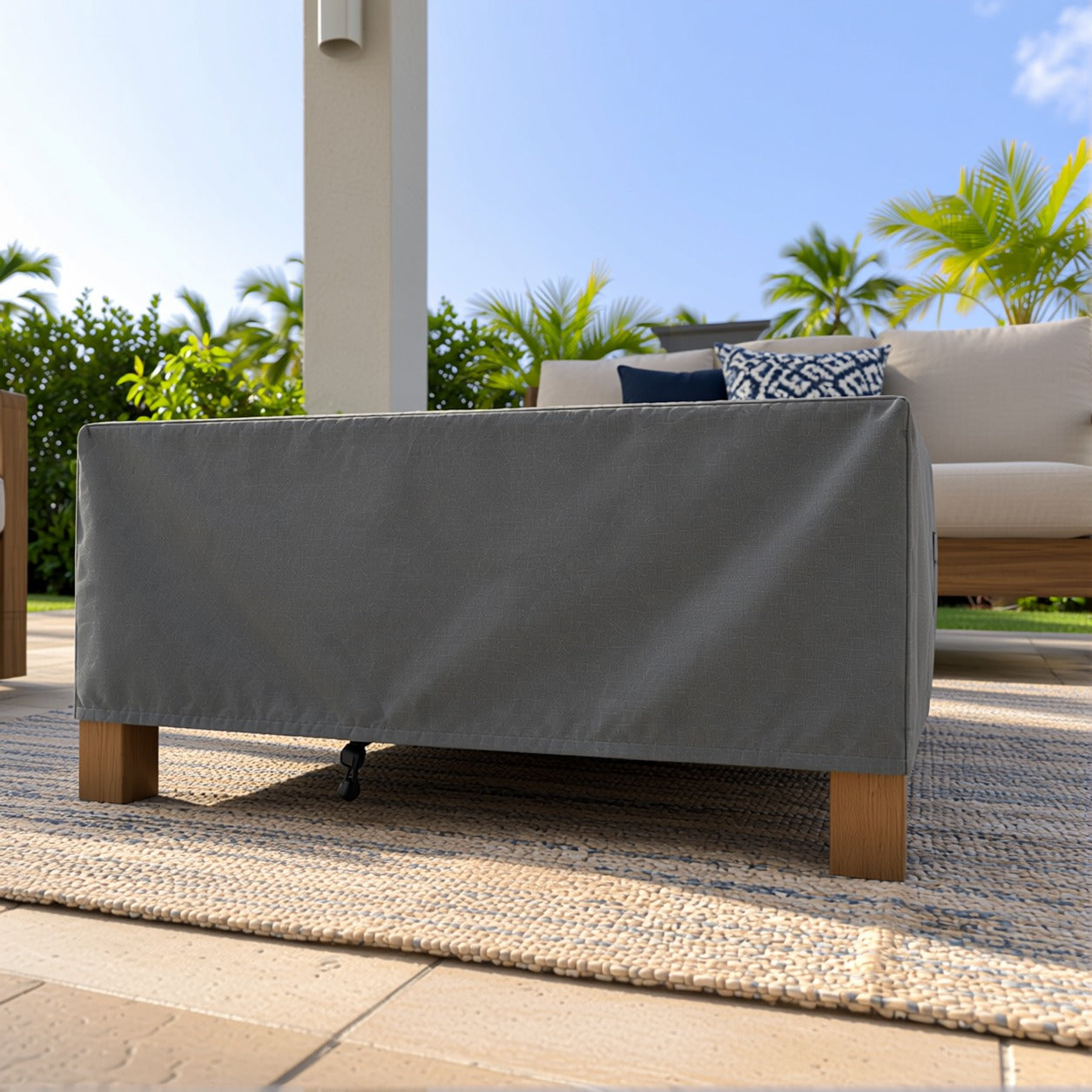 Khomo Gear Square Coffee Table cover in Gray - side low angle | Fits 28L x 28D x 16H, 28L x 22D x 17H
