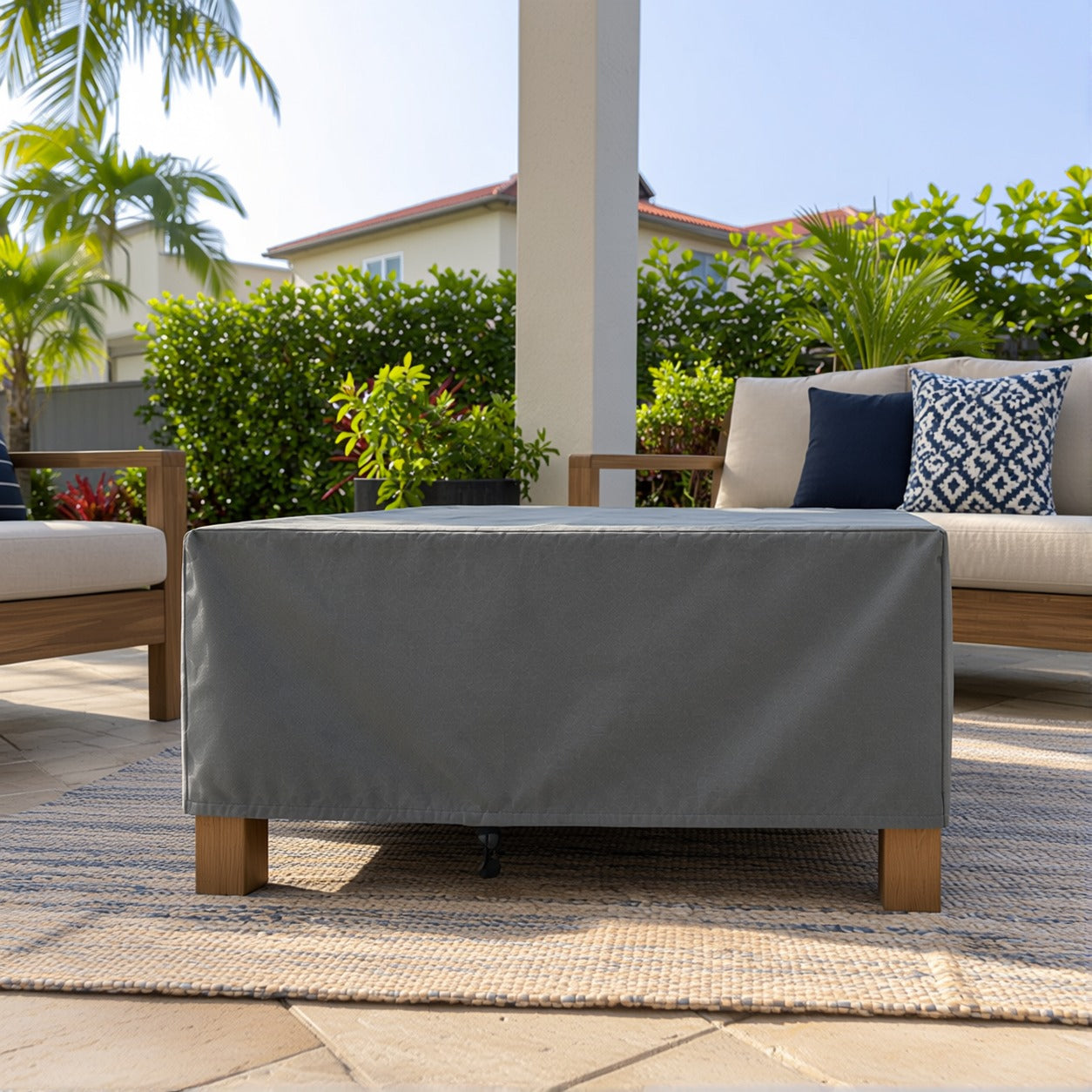 Khomo Gear Square Coffee Table cover in Gray - front low angle | Fits 28L x 28D x 16H, 28L x 22D x 17H