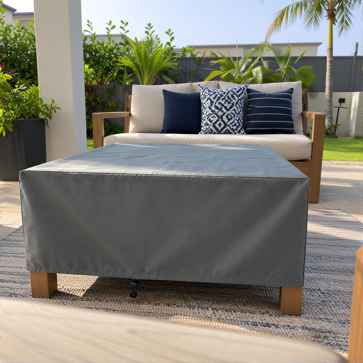 Khomo Gear Square Coffee Table cover in Gray - front closeup | Fits 28L x 28D x 16H, 28L x 22D x 17H