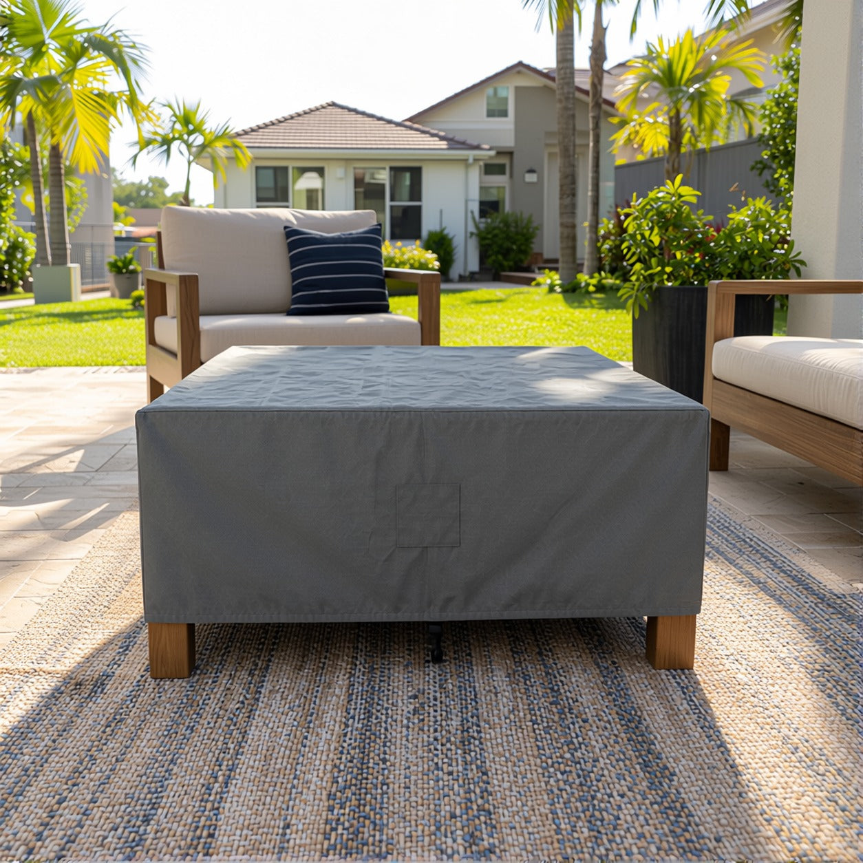 Khomo Gear Square Coffee Table cover in Gray - front patio | Fits 28L x 28D x 16H, 28L x 22D x 17H