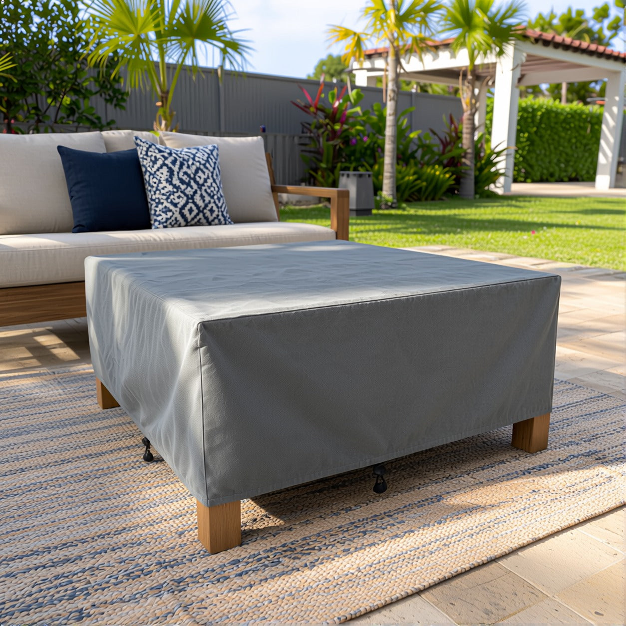 Khomo Gear Square Coffee Table cover in Gray - three quarter low | Fits 28L x 28D x 16H, 28L x 22D x 17H
