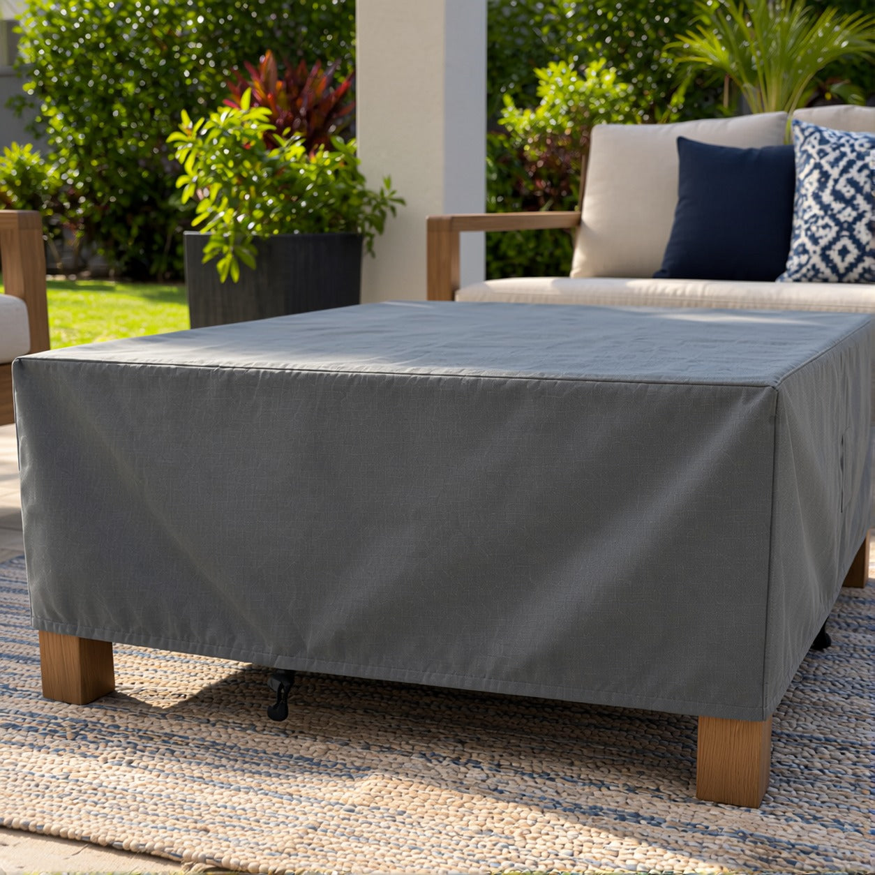 Khomo Gear Square Coffee Table cover in Gray - corner closeup | Fits 28L x 28D x 16H, 28L x 22D x 17H