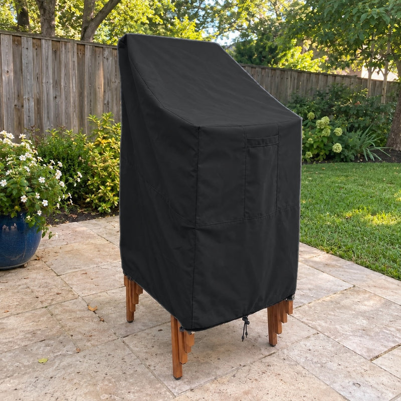 Black - Khomo Gear stackable chair outdoor cover, three-quarter view on a stack of patio chairs