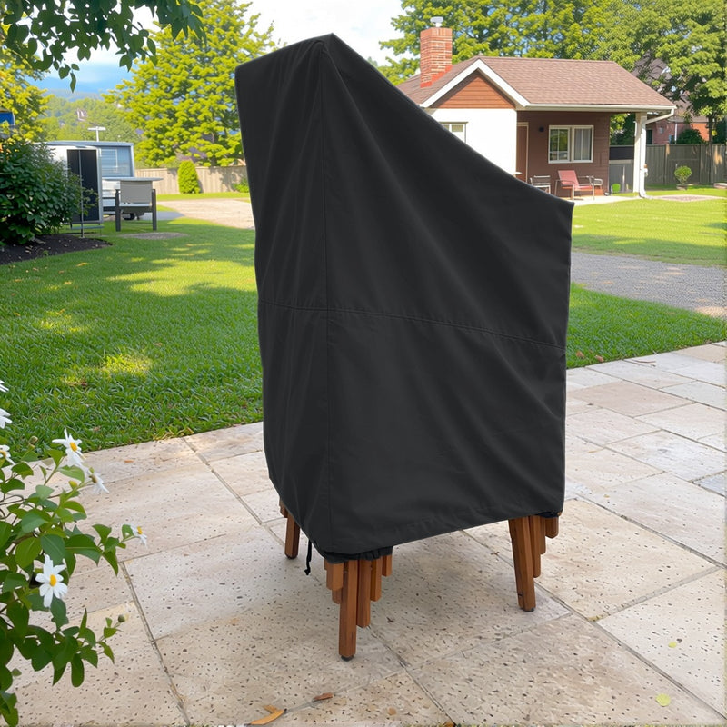 Black - Khomo Gear stackable chair outdoor cover, side view in the garden