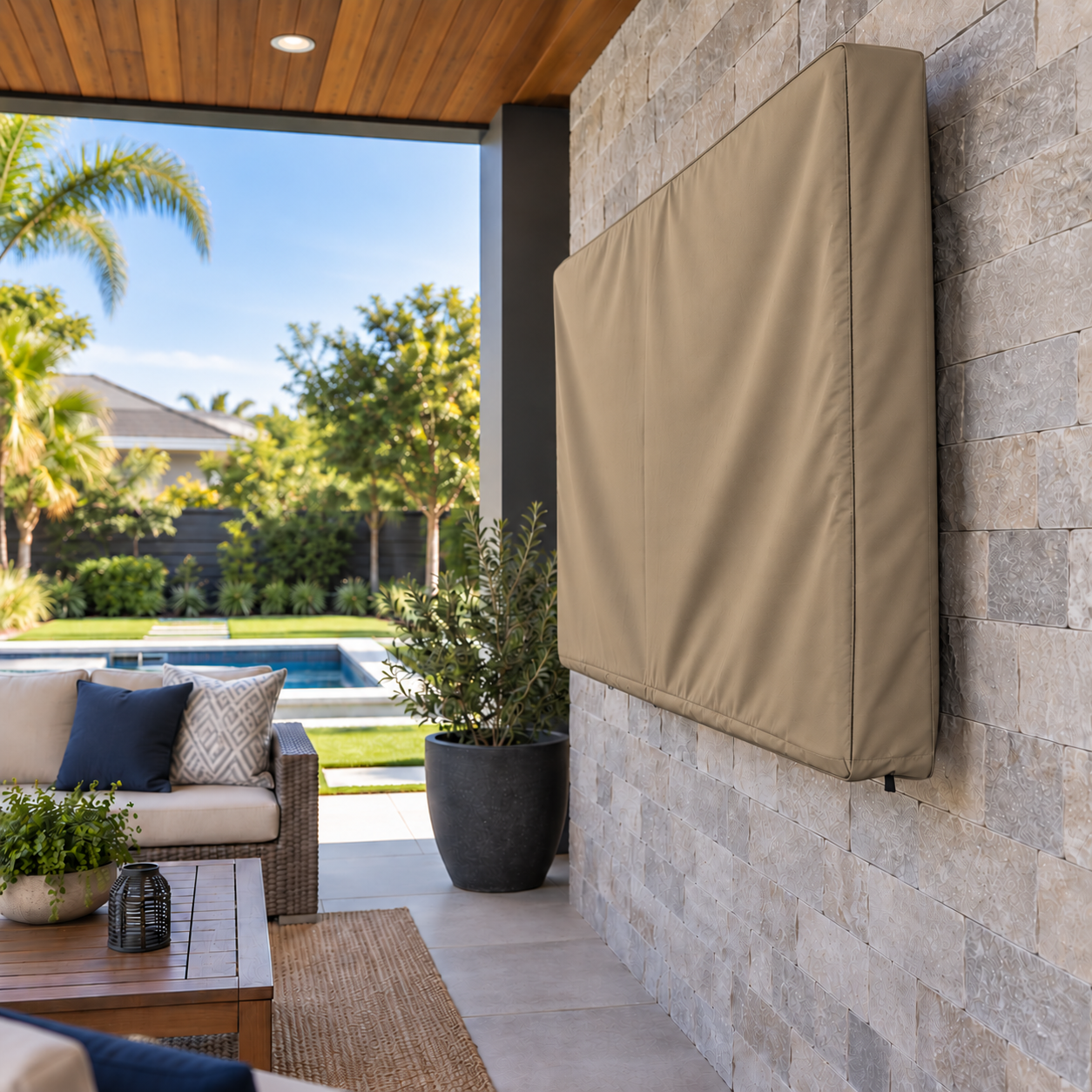 A beige outdoor patio cover hanging on a stone wall next to a covered seating area with a pool in the background.