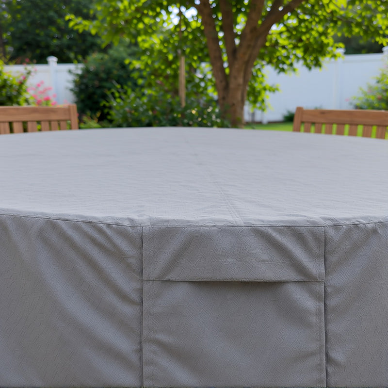 Close-up of the Khomo Gear round table cover fabric and front flap