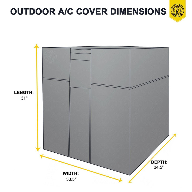 Khomo Gear outdoor AC cover dimensions: 33.5 in wide x 34.5 in deep x 31 in high