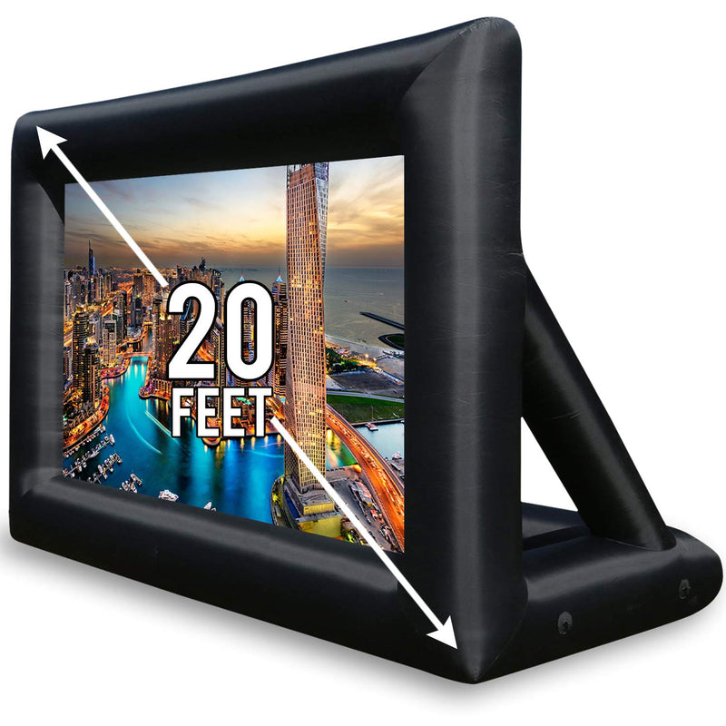Khomo Gear 20 ft inflatable outdoor movie screen with a black frame and diagonal size arrow