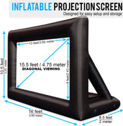 Khomo Gear inflatable projection screen dimensions: 16 ft wide frame, 13 x 8 ft screen, 15.5 ft diagonal
