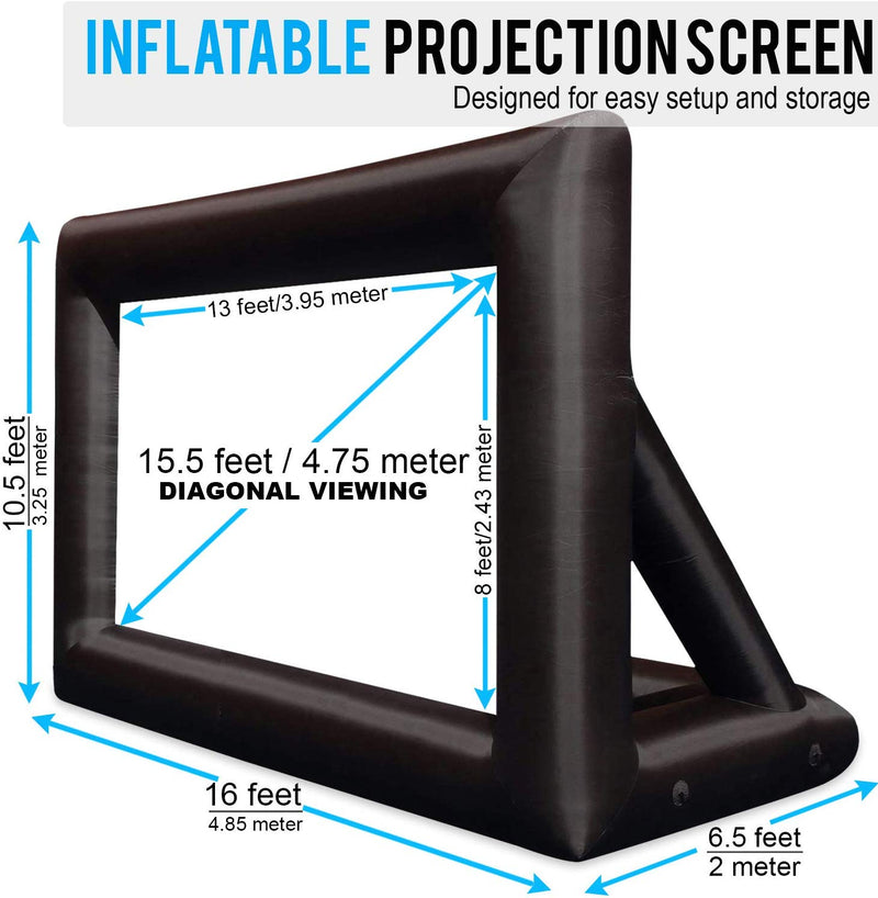 Khomo Gear inflatable projection screen dimensions: 16 ft wide frame, 13 x 8 ft screen, 15.5 ft diagonal