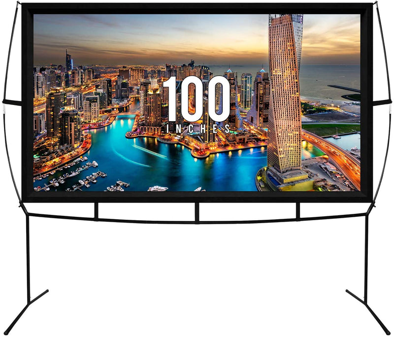 Khomo Gear 100 inch portable projector screen on its foldable stand