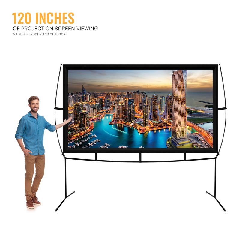 Man standing next to the Khomo Gear 120 inch portable projection screen