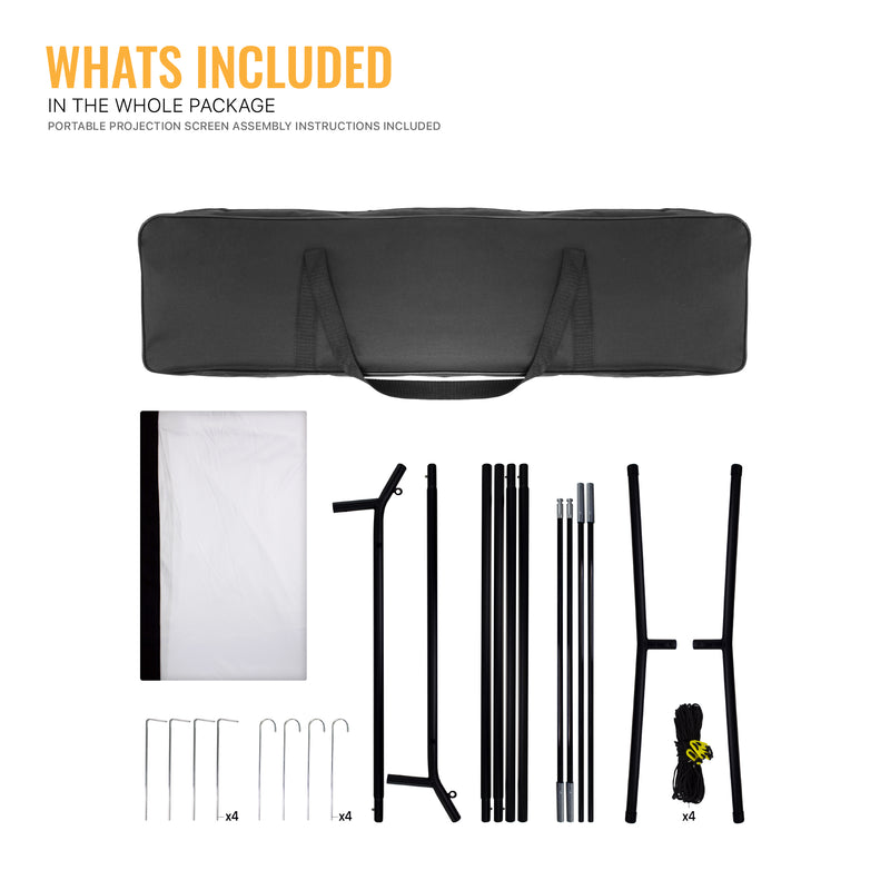 What's included with the Khomo Gear portable screen: carry bag, screen, frame poles, legs and stakes