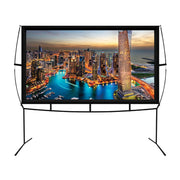 Khomo Gear portable projector screen with stand showing a city skyline