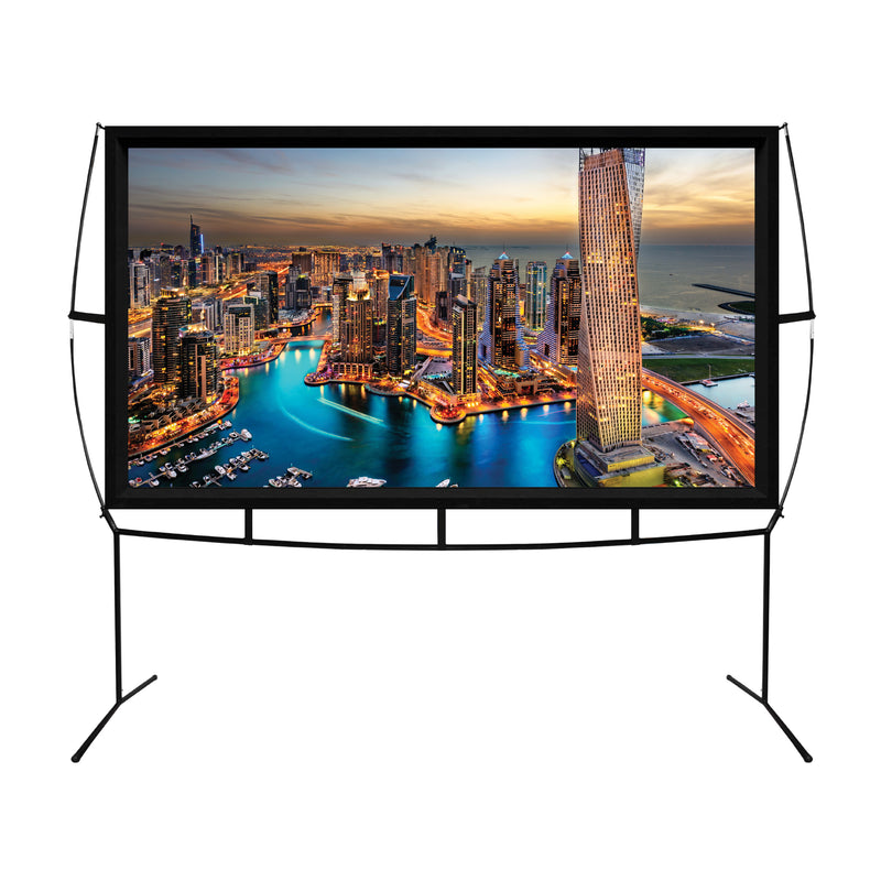 Khomo Gear portable projector screen with stand showing a city skyline