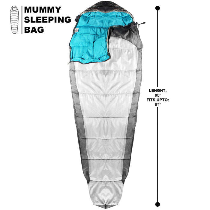Sleeping Bag For Hiking Camping & Outdoor Activities Compression Bag Included Mummy - Grey