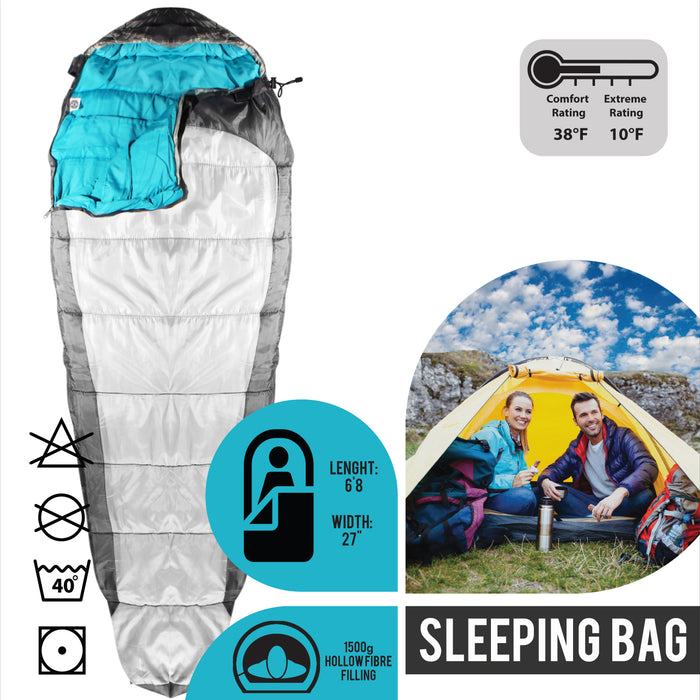 Sleeping Bag For Hiking Camping & Outdoor Activities Compression Bag Included Mummy - Grey