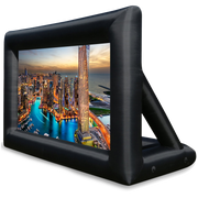 Khomo Gear jumbo inflatable projector screen showing a city skyline at sunset