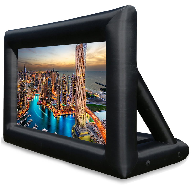 Khomo Gear jumbo inflatable projector screen showing a city skyline at sunset